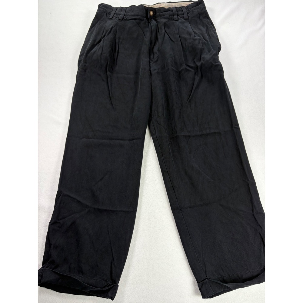 Tommy Bahama Relax Mens 36 Black 100% Silk Herringbone Pleated Cuffed Pants